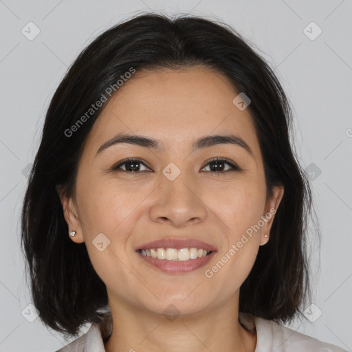 Joyful white young-adult female with medium  brown hair and brown eyes