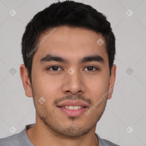 Neutral latino young-adult male with short  brown hair and brown eyes