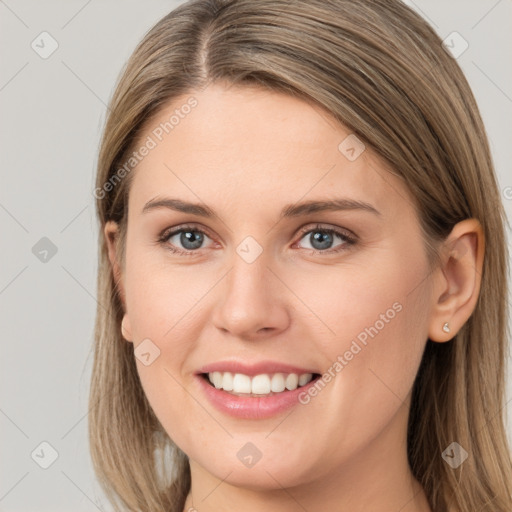 Joyful white young-adult female with long  brown hair and grey eyes