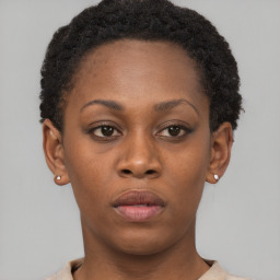 Neutral black young-adult female with short  brown hair and brown eyes