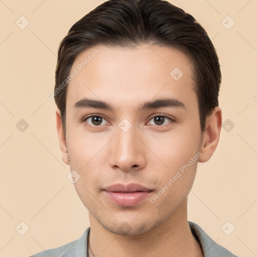 Neutral white young-adult male with short  brown hair and brown eyes