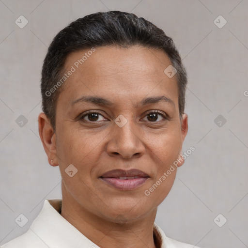 Joyful white adult female with short  brown hair and brown eyes