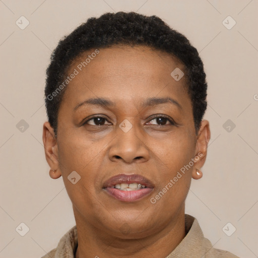 Joyful latino adult female with short  brown hair and brown eyes