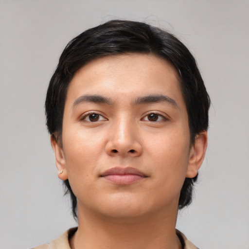 Neutral asian young-adult female with short  black hair and brown eyes