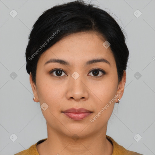 Neutral asian young-adult female with short  black hair and brown eyes