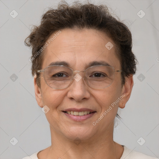 Joyful white adult female with short  brown hair and brown eyes