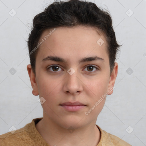 Neutral white young-adult female with short  brown hair and brown eyes