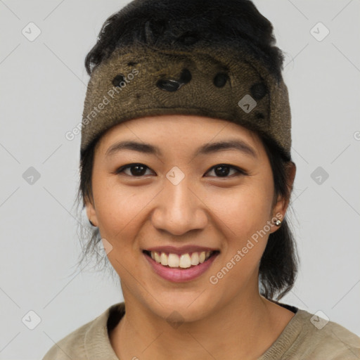 Joyful latino young-adult female with short  black hair and brown eyes