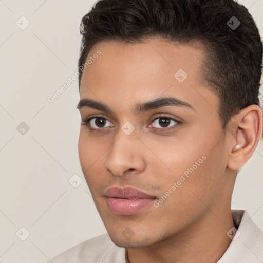 Neutral white young-adult male with short  brown hair and brown eyes