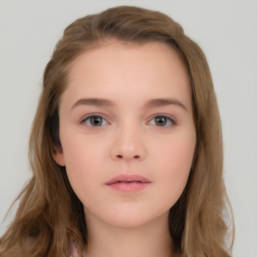 Neutral white child female with long  brown hair and brown eyes