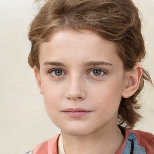 Neutral white child female with medium  brown hair and grey eyes