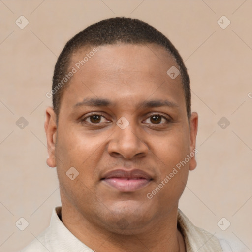 Neutral latino young-adult male with short  brown hair and brown eyes