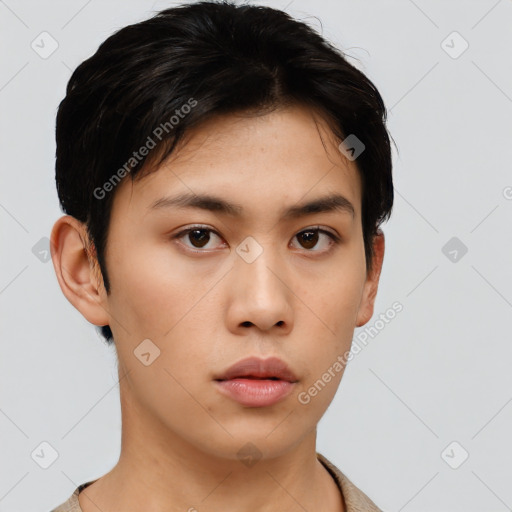 Neutral asian young-adult male with short  black hair and brown eyes