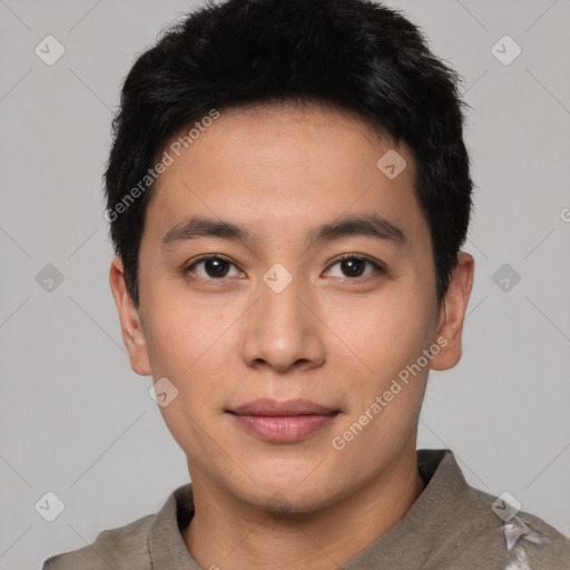 Neutral asian young-adult male with short  black hair and brown eyes