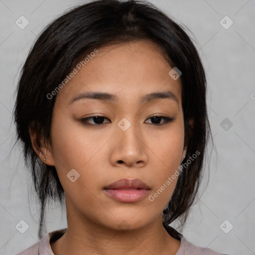 Neutral asian young-adult female with medium  brown hair and brown eyes