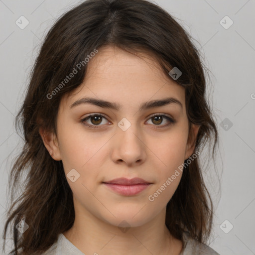 Neutral white young-adult female with medium  brown hair and brown eyes