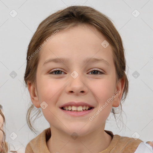 Joyful white child female with medium  brown hair and brown eyes