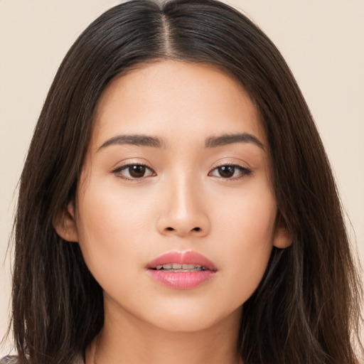 Neutral asian young-adult female with long  brown hair and brown eyes