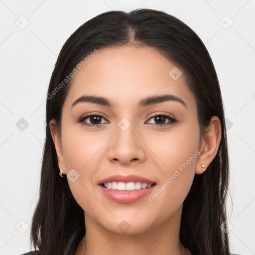 Joyful white young-adult female with long  brown hair and brown eyes