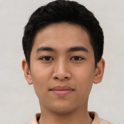 Neutral asian young-adult male with short  black hair and brown eyes
