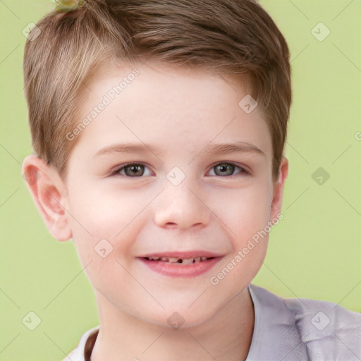 Joyful white child male with short  brown hair and brown eyes