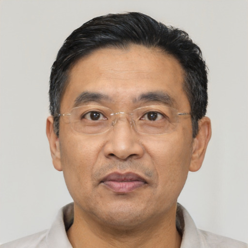 Joyful asian adult male with short  black hair and brown eyes