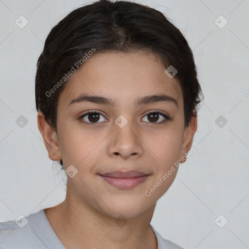 Joyful white child female with short  brown hair and brown eyes