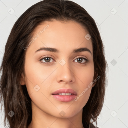 Neutral white young-adult female with long  brown hair and brown eyes