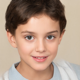 Joyful white child female with short  brown hair and brown eyes