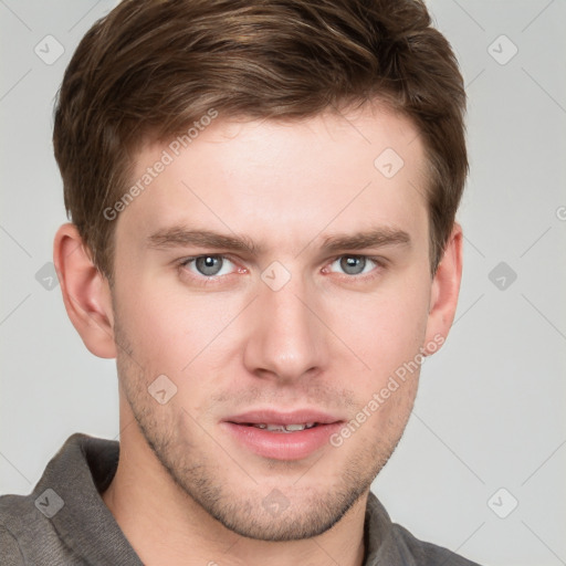 Neutral white young-adult male with short  brown hair and grey eyes