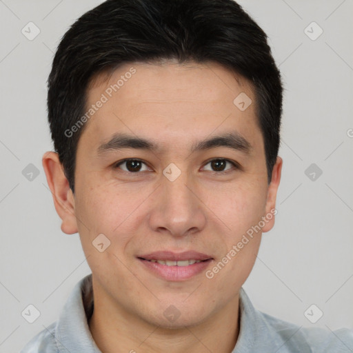 Joyful asian young-adult male with short  brown hair and brown eyes