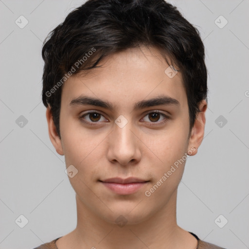 Neutral white young-adult male with short  brown hair and brown eyes