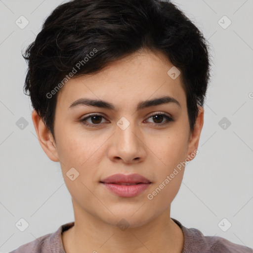 Joyful asian young-adult female with short  brown hair and brown eyes