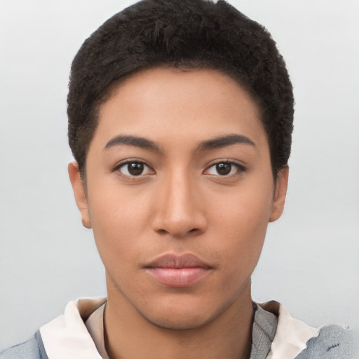 Neutral latino young-adult female with short  black hair and brown eyes