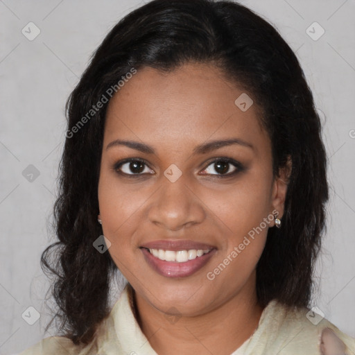 Joyful black young-adult female with medium  brown hair and brown eyes