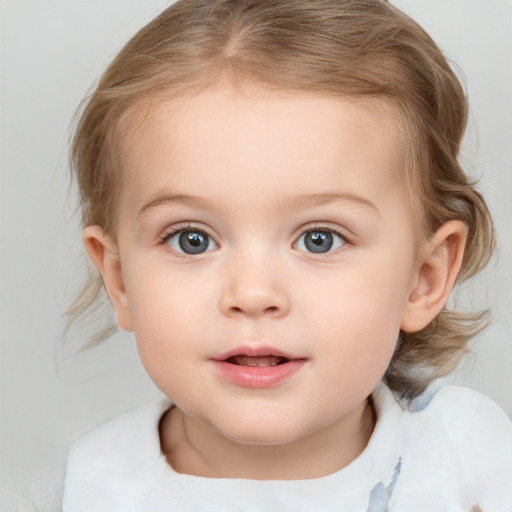 Neutral white child female with medium  brown hair and blue eyes