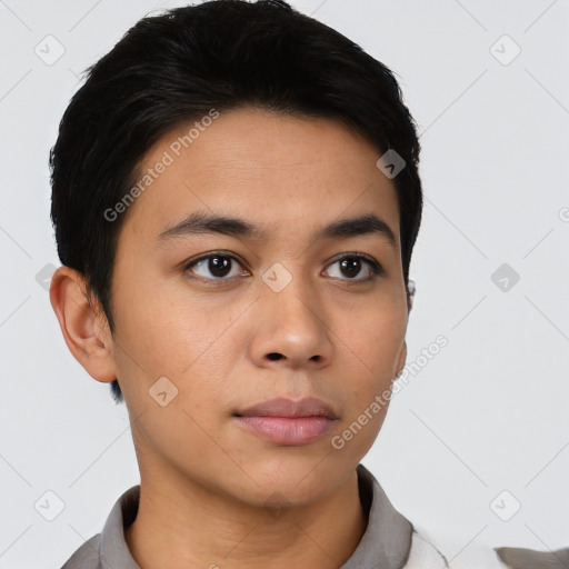 Neutral latino young-adult male with short  black hair and brown eyes