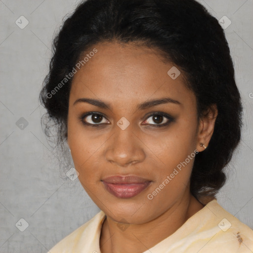 Joyful black young-adult female with medium  black hair and brown eyes