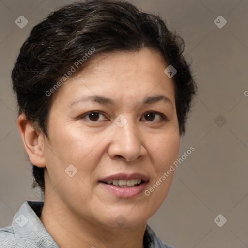 Joyful white adult female with short  brown hair and brown eyes