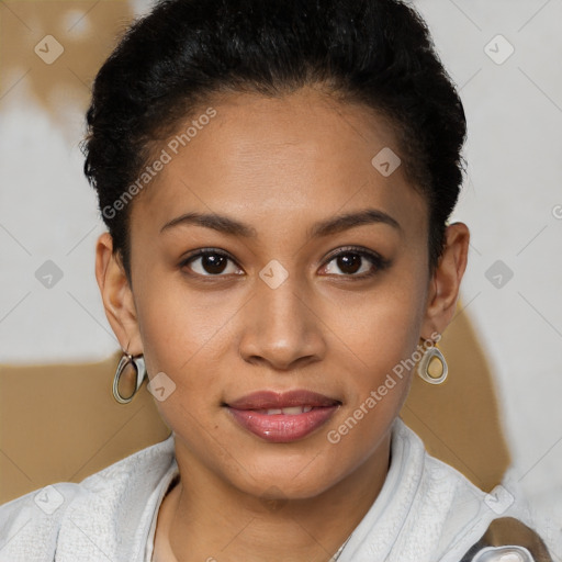 Joyful latino young-adult female with short  brown hair and brown eyes