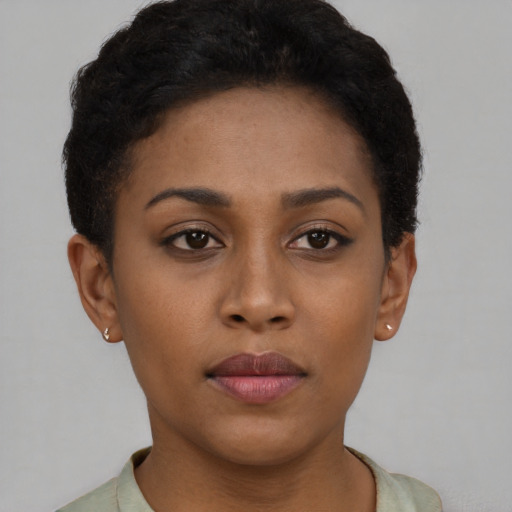 Neutral latino young-adult female with short  brown hair and brown eyes