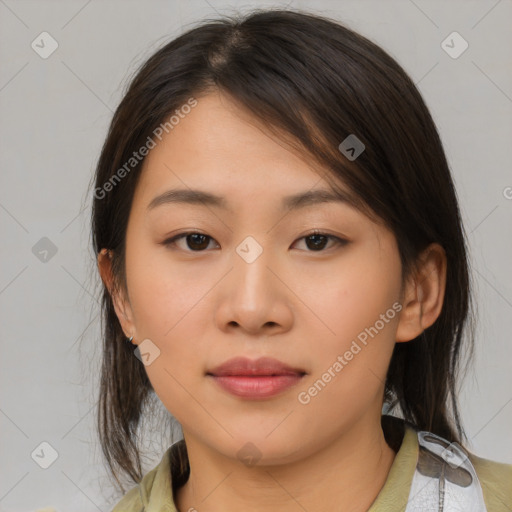 Neutral asian young-adult female with medium  brown hair and brown eyes