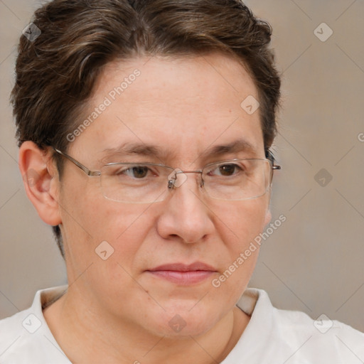 Joyful white adult female with short  brown hair and brown eyes