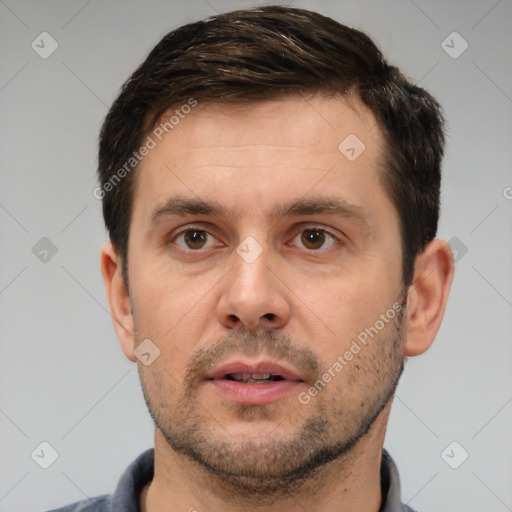 Neutral white young-adult male with short  brown hair and brown eyes