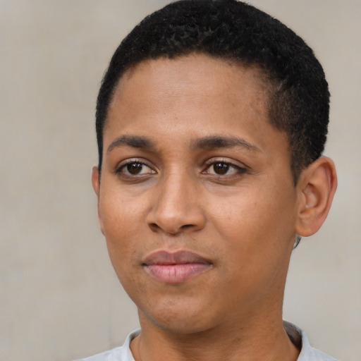 Neutral black young-adult female with short  black hair and brown eyes