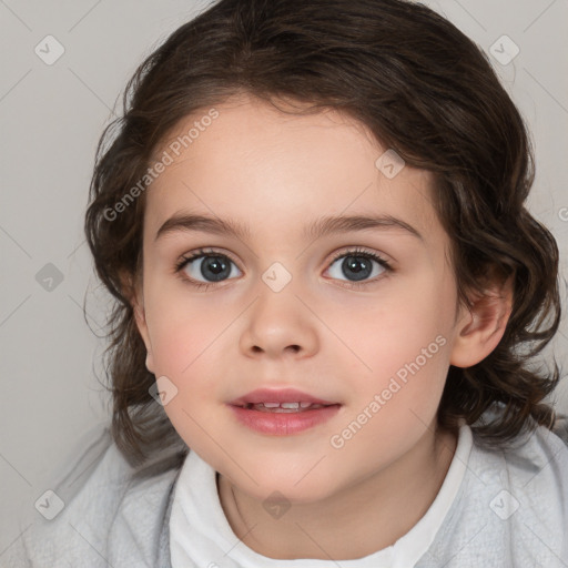 Joyful white child female with medium  brown hair and brown eyes