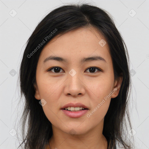Joyful asian young-adult female with medium  brown hair and brown eyes