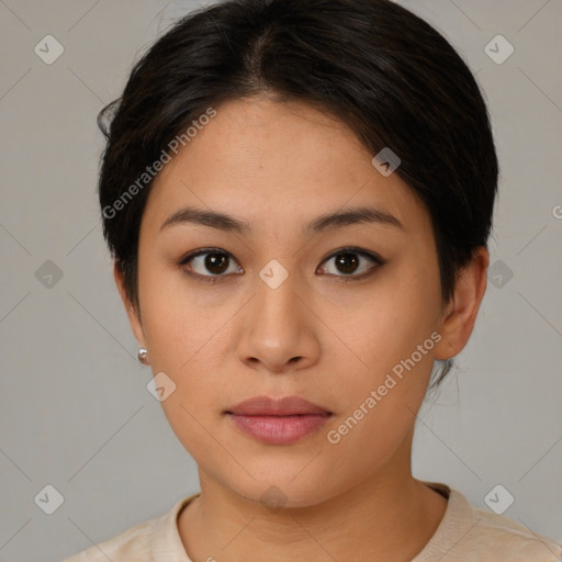 Neutral asian young-adult female with medium  brown hair and brown eyes