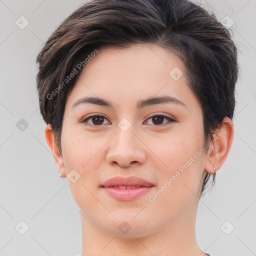 Joyful white young-adult female with medium  brown hair and brown eyes