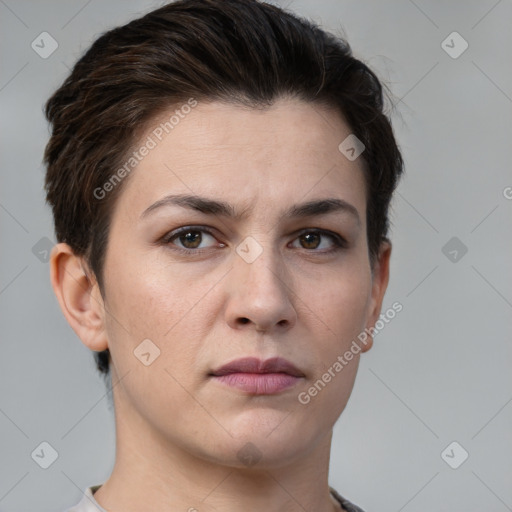 Neutral white young-adult female with short  brown hair and brown eyes